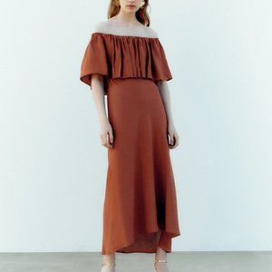 NWT Zara Linen Blend Dress with Ruffles, Clay Color